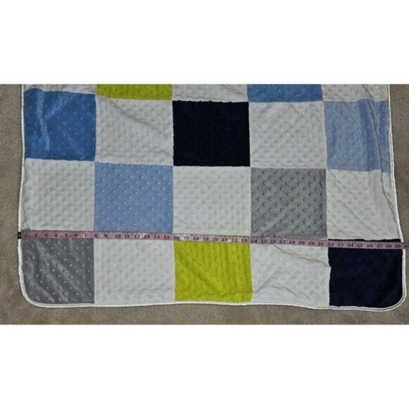 Just Born Patchwork Fleece Baby Blanket Blue Green Gray White Minky Dot 30x40 - Picture 5 of 6